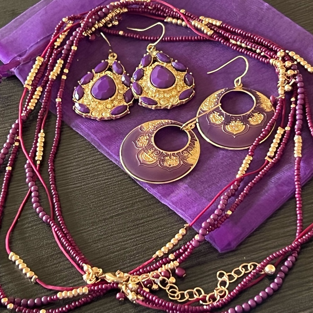 Purple/gold boho jewelry bundle + travel pouch